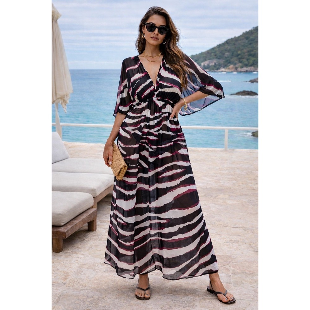 H&M Black Purple Abstract Zebra Chiffon‎ Maxi Dress Size 4 Boho Glam Resort